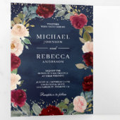 バーガンディーピーチフローラQRコードネイビーブルー結婚ズ 三つ折り招待状 (内部最初)