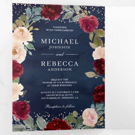 バーガンディーピーチフローラQRコードネイビーブルー結婚ズ 三つ折り招待状 (内部最初)