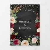 バーガンディーピーチフローラQRコードブラック結婚ズ 三つ折り招待状 (カバー)