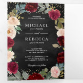 バーガンディーピーチフローラQRコードブラック結婚ズ 三つ折り招待状 (内部最初)