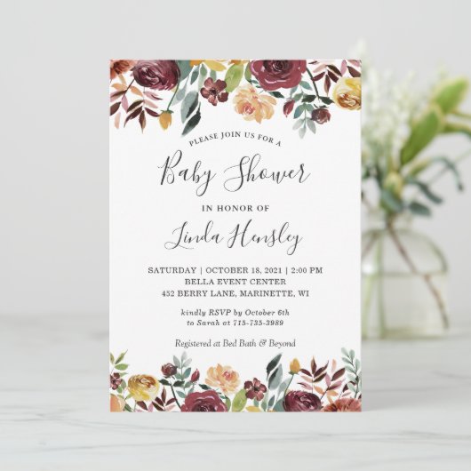 バーガンディーピーチ金ゴールドガーデンフローラ秋ベビーシャワー 招待状 (スタンド正面)