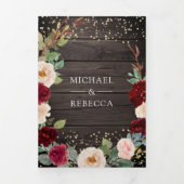 バーガンディーピーチ フラワーリング QR コード バルン ウッド ウェディング 三つ折り招待状 (カバー)