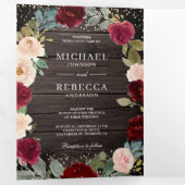 バーガンディーピーチ フラワーリング QR コード バルン ウッド ウェディング 三つ折り招待状 (内部最初)