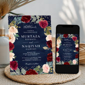 バーガンディーピーチ フラワール キューディーコード ネイビー ムスリム ウェディング 招待状