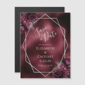 バーガンディーフォイルフローラシルバーウェディング日付を保存 マグネット招待状 (正面/裏面)