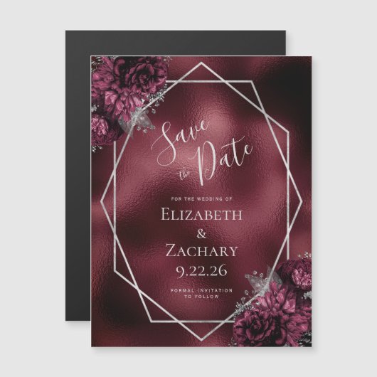 バーガンディーフォイルフローラシルバーウェディング日付を保存 マグネット招待状 (正面/裏面)