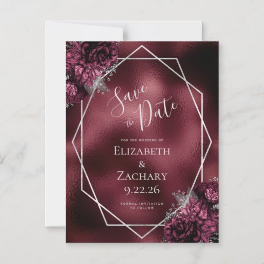 バーガンディーフォイルフローラシルバーウェディング日付を保存 マグネット招待状 (正面)