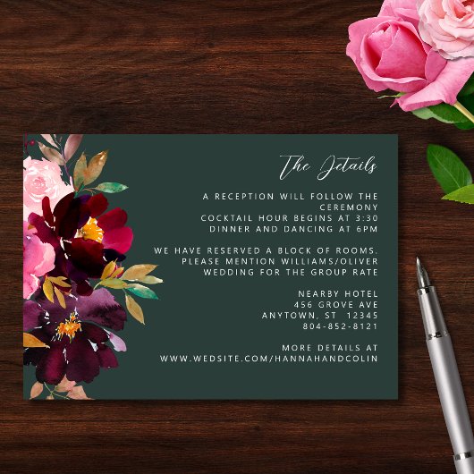 バーガンディーフォレストグリーン赤面フローラ水彩 エンクロージャーカード