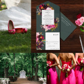 バーガンディーフォレストグリーン赤面フローラ水彩 オールインワン招待状