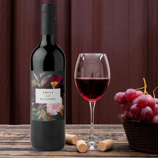 バーガンディーフォレストグリーン赤面フローラ水彩 ワインラベル