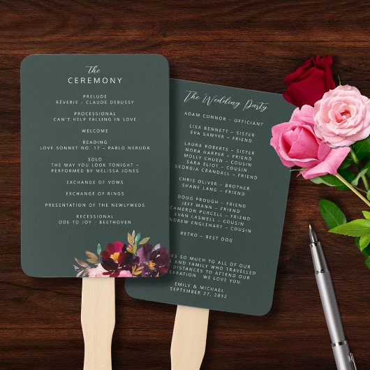 バーガンディーフォレストグリーン赤面フローラ水彩Prog ハンドファン