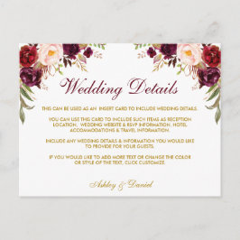 バーガンディーフラワーの結婚式詳細挿入カード ポストカード