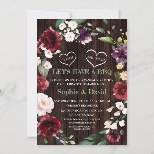 バーガンディーフラワーストリングライトの納屋 私も BBQ 招待状 (正面)