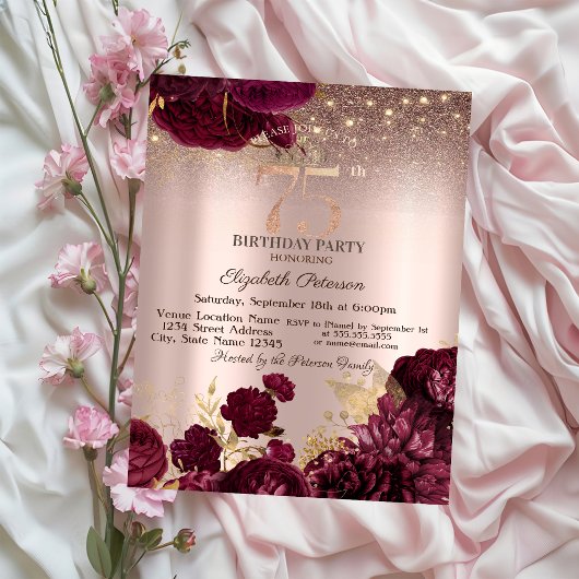 バーガンディーフラワーズグリッターバラ金ゴールド75誕生日 招待状