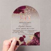 バーガンディーフラワーズグリッターバラ金ゴールド80thBirthday アクリル招待状 (インサイチュ (ポータブル))