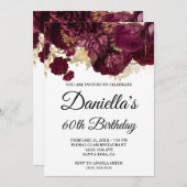 バーガンディーフラワーズゴールドフォイルグラム60誕生日 招待状 (正面/裏面)