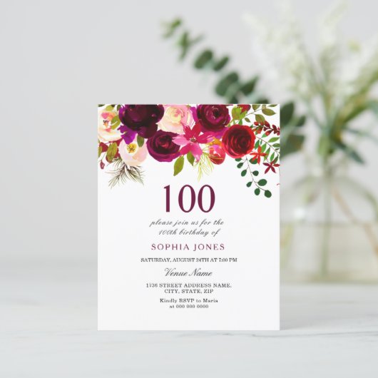 バーガンディーフラワーズバジェット100誕生日招待状 (スタンド正面)