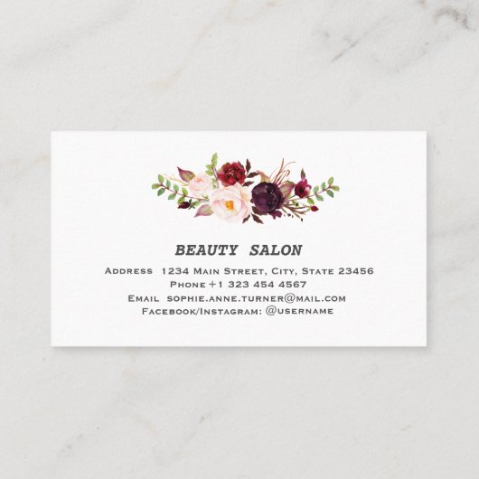 バーガンディーフラワーズプロフェッショナルメイクアップヘアスタイル 名刺 (裏面)