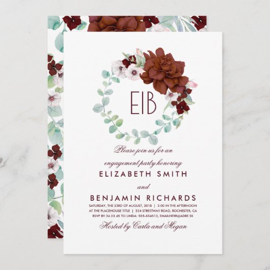 バーガンディーフラワーズモノグラムエレガント婚約パーティ 招待状 (正面/裏面)