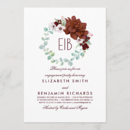 バーガンディーフラワーズモノグラムエレガント婚約パーティ 招待状