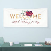 バーガンディーフラワーズ金ゴールドタイポグラフィ誕生日歓迎 横断幕 (トレードショー)