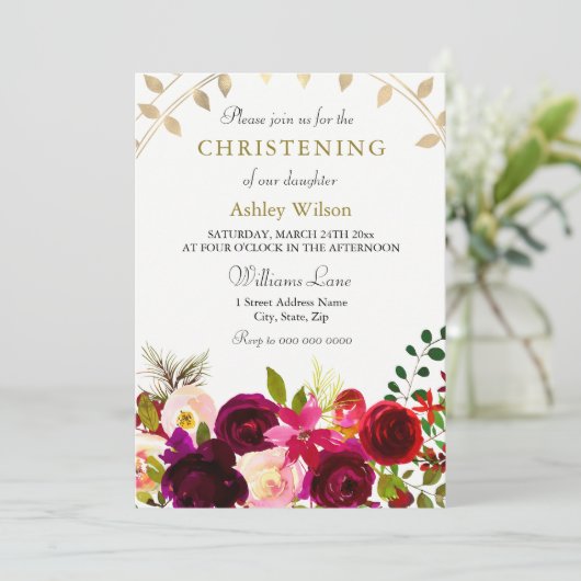 バーガンディーフラワーズ金ゴールドリーフリース《キリスト教》洗礼式や命名式 招待状 (スタンド正面)