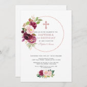 バーガンディーフラワーズ ローズゴールド 1歳誕生日 & 洗礼 招待状 (正面/裏面)