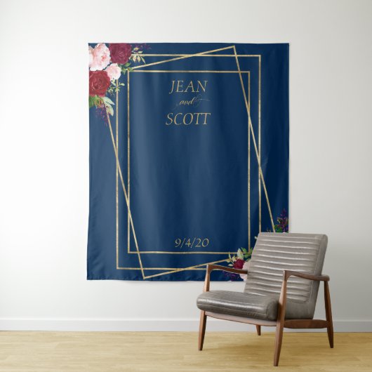 バーガンディーフラワーネイビー金ゴールドフレーム赤面ピンク タペストリー (インサイチュ)