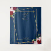 バーガンディーフラワーネイビー金ゴールドフレーム赤面ピンク タペストリー (正面)