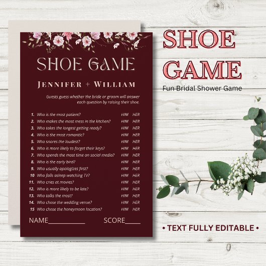 バーガンディーフラワーブライダルシャワーシューゲーム