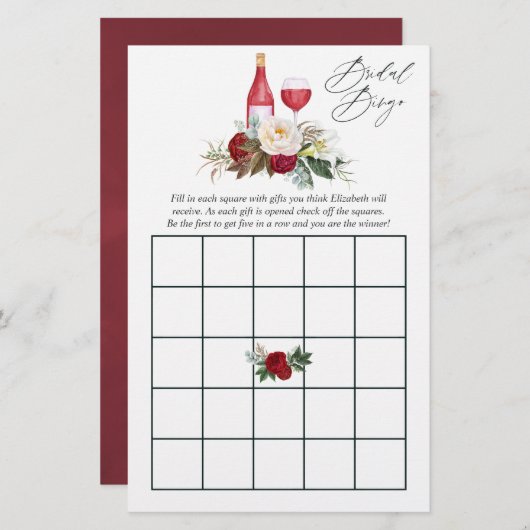 バーガンディーフラワーブライダルシャワーワイン テイスティングビンゴ (正面/裏面)