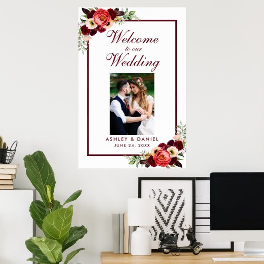 バーガンディーフラワーボホウェディングウェルカムフォト ポスター (ホームオフィス)