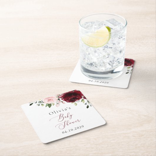 バーガンディーフラワー、ピンクフラワー、ボヘミア、ベビーシャワー スクエアペーパーコースター (インサイチュ)