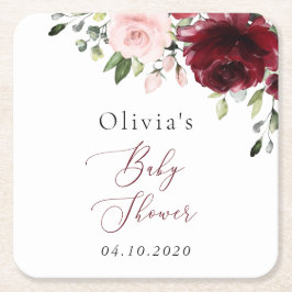 バーガンディーフラワー、ピンクフラワー、ボヘミア、ベビーシャワー スクエアペーパーコースター