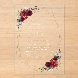 バーガンディーフラワー、レッドフラワー、ボヘミア、スイート16 アクリル招待状