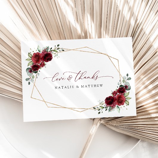 バーガンディーフラワー、赤い花、フラワーのウェディング サンキューカード