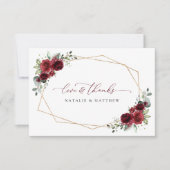 バーガンディーフラワー、赤い花、フラワーのウェディング サンキューカード (正面)