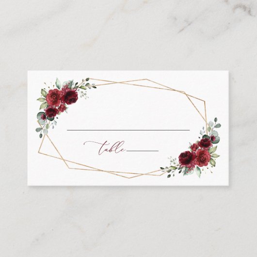 バーガンディーフラワー、赤い花、フラワーの結婚式 プレイスカード (正面)