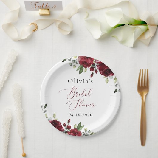 バーガンディーフラワー、赤い花、ボヘミア、結婚式前祝い ペーパープレート (ウェディング)