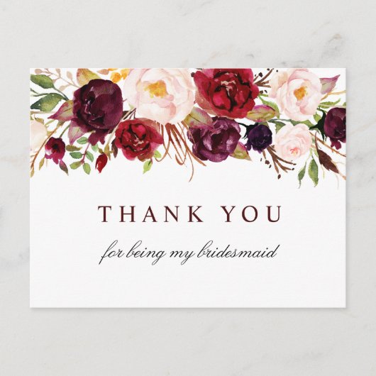 バーガンディーブラッシュの花柄のウェディングパーティーへの感謝カード インビテーションポストカード (正面)