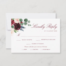 バーガンディーブラッシュの花柄食事選択 RSVP カード