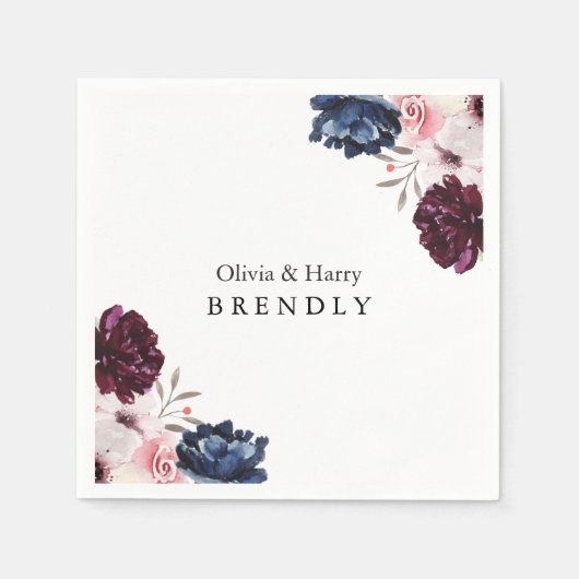 バーガンディーブラッシュエレガントフラワーウェディング スタンダードカクテルナプキン (正面)