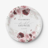 バーガンディーブラッシュピンクのローズフラワーブライダルシャワー ペーパープレート (正面)
