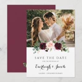 バーガンディーブラッシュピンクの花とユーカリの結婚式 セーブザデート