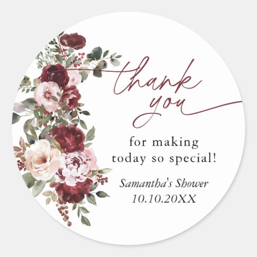 バーガンディーブラッシュピンクの花のシャワーありがとう ラウンドシール (正面)