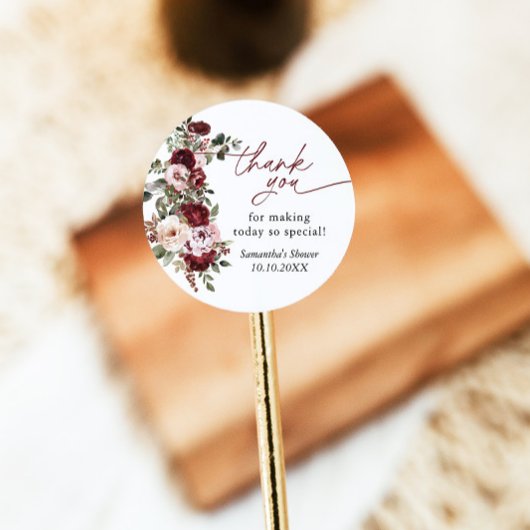 バーガンディーブラッシュピンクの花のシャワーありがとう ラウンドシール