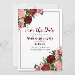 バーガンディーブラッシュピンクの花の結婚式の白のSave Date 招待状