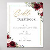 バーガンディーブラッシュピンクの花の聖書ゲストブックサイン ポスター (正面)