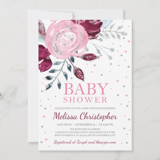バーガンディーブラッシュピンクの花柄シルバーグリッター赤ちゃん 招待状 (正面)