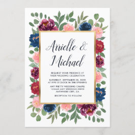 バーガンディーブラッシュピンクネイビーブルーマルサラゴールドウェディング 招待状